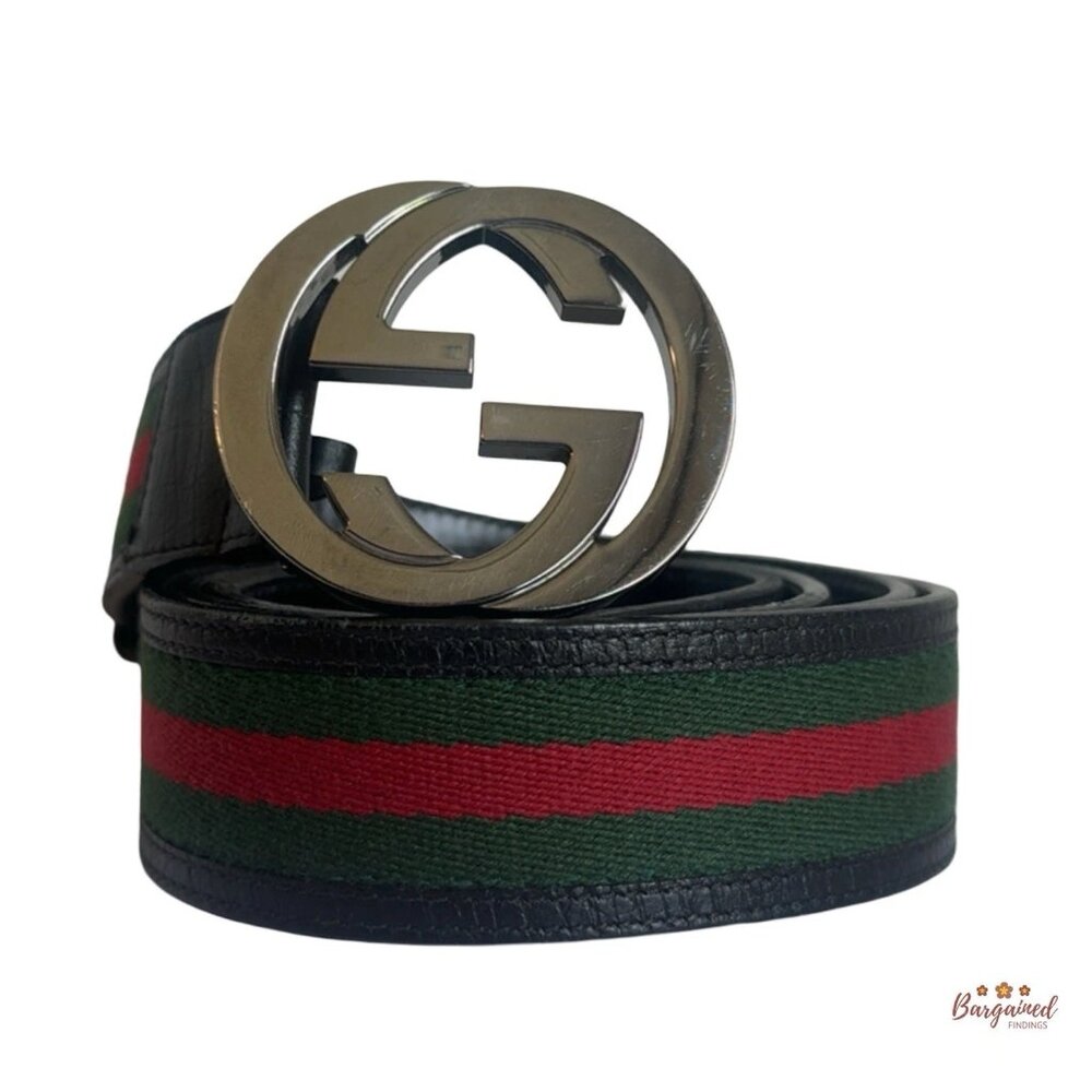 Auth Gucci Web Canvas Black Leather Silver Interlocking G Buckle Belt 115/46